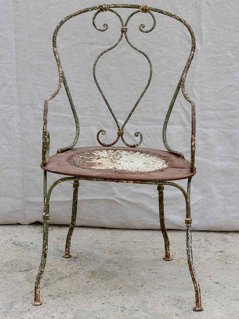RESERVED LM Antique French garden armchair with perforated seat and green patina