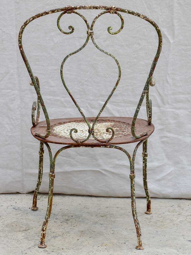 RESERVED LM Antique French garden armchair with perforated seat and green patina