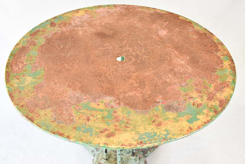 Rustic French garden table with timeworn green patina 31½"