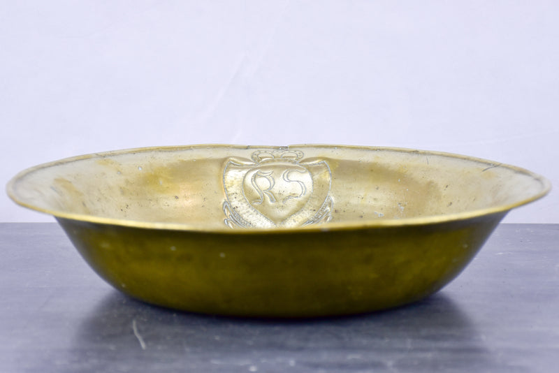 19th century Italian brass washing bowl with RS monogram