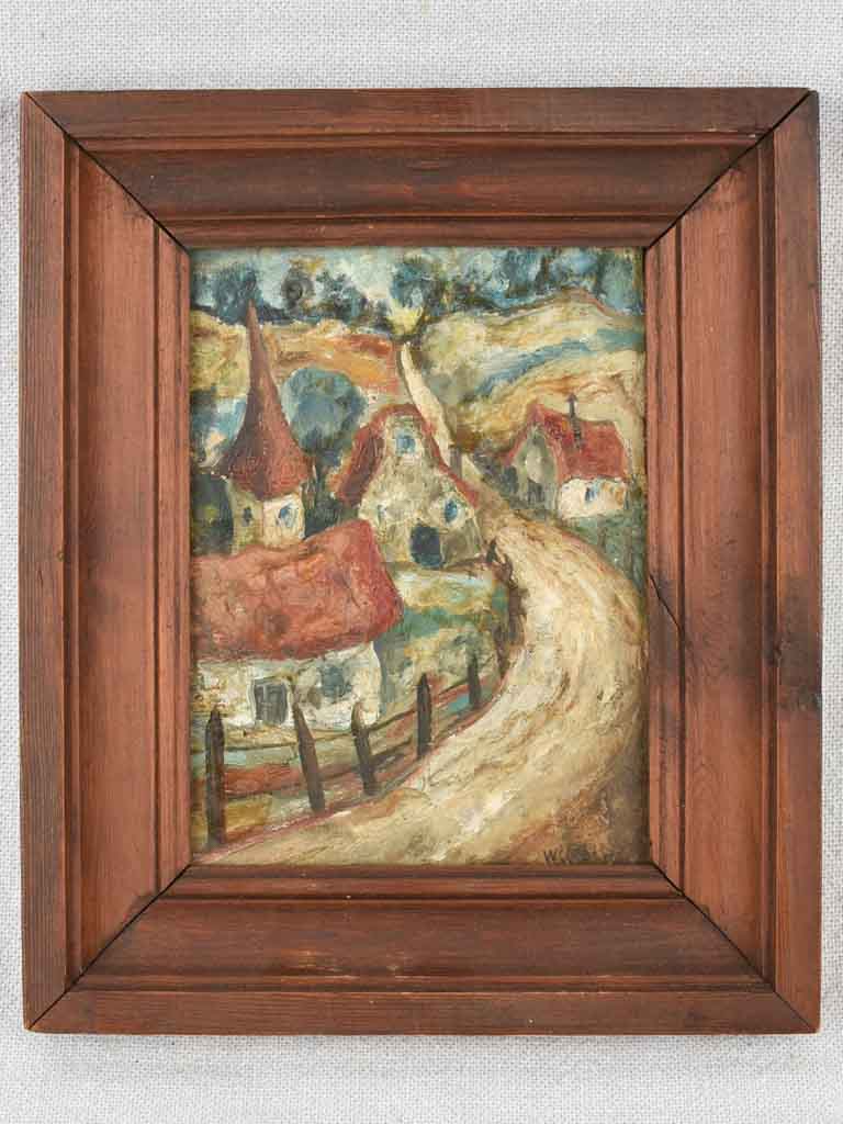 Miniature landscape painting w/ country road village & church 7½" x 9"