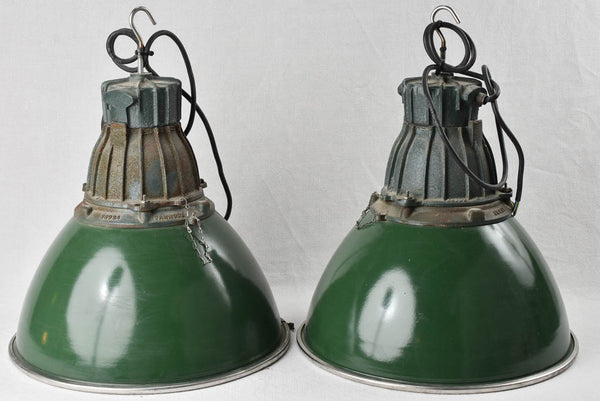 Pair of large green industrial light fittings 16½"