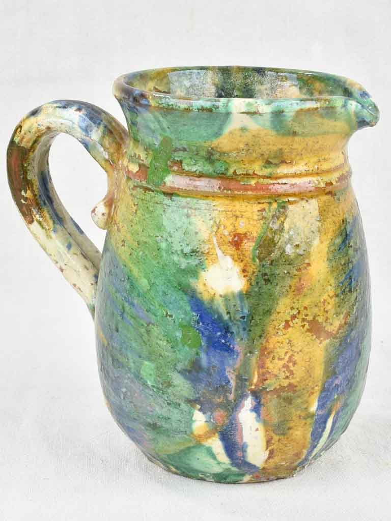 Antique ceramic pitcher from Puglia Italy - blue & green glaze 8¾"
