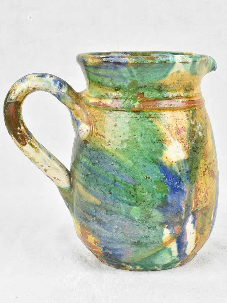 Antique ceramic pitcher from Puglia Italy blue & green glaze 8¾