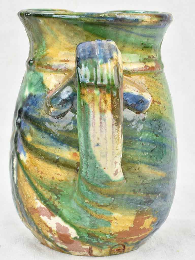 Antique ceramic pitcher from Puglia Italy blue & green glaze 8¾