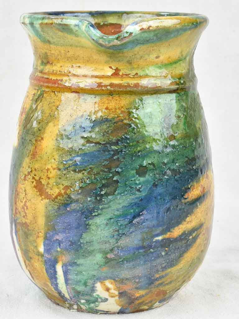 Antique ceramic pitcher from Puglia Italy - blue & green glaze 8¾"