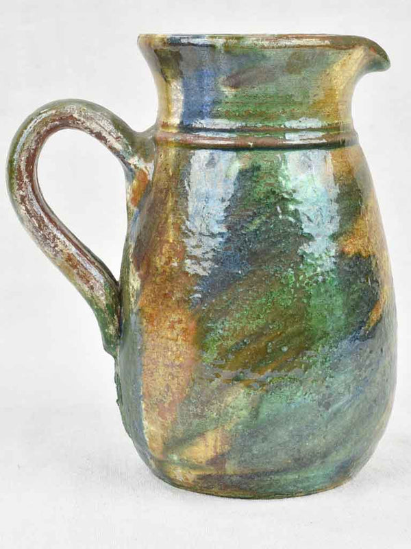 Antique ceramic pitcher from Puglia Italy - blue yellow & green glaze 9½"