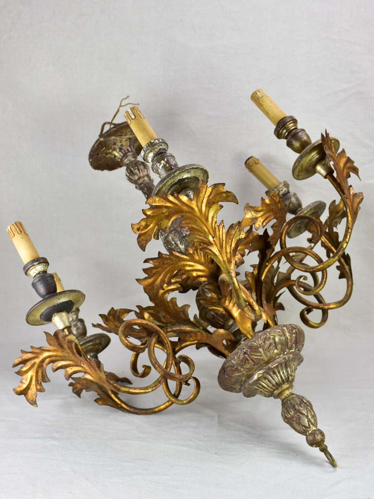 Antique French tole chandelier with leaf decorations