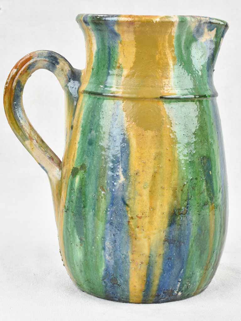 Antique ceramic pitcher from Puglia Italy - blue orange green glaze 10¼"
