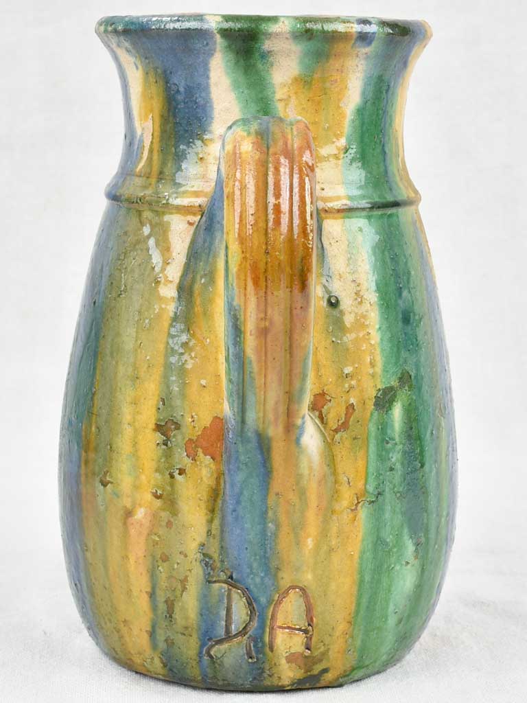 Antique ceramic pitcher from Puglia Italy - blue orange green glaze 10¼"
