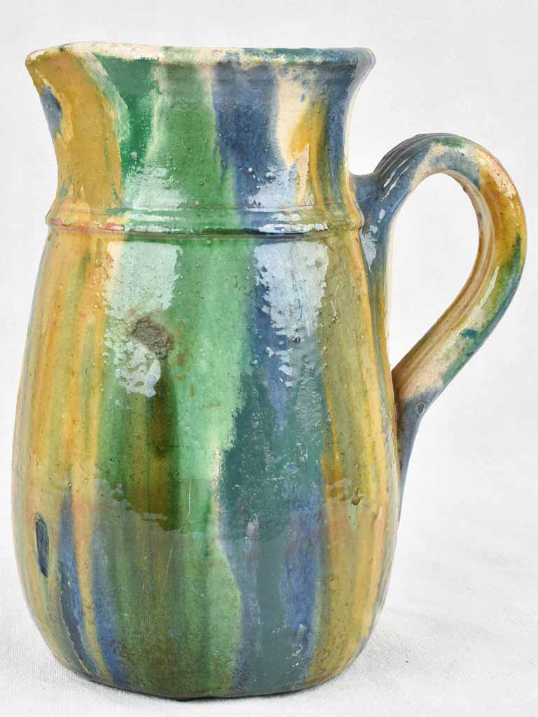 Antique ceramic pitcher from Puglia Italy - blue orange green glaze 10¼"