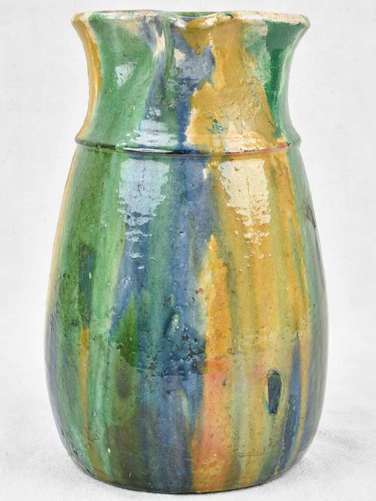 Antique ceramic pitcher from Puglia Italy - blue orange green glaze 10¼"