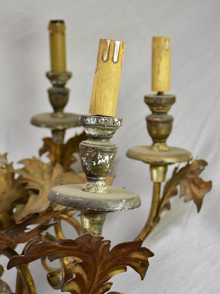 Antique French tole chandelier with leaf decorations