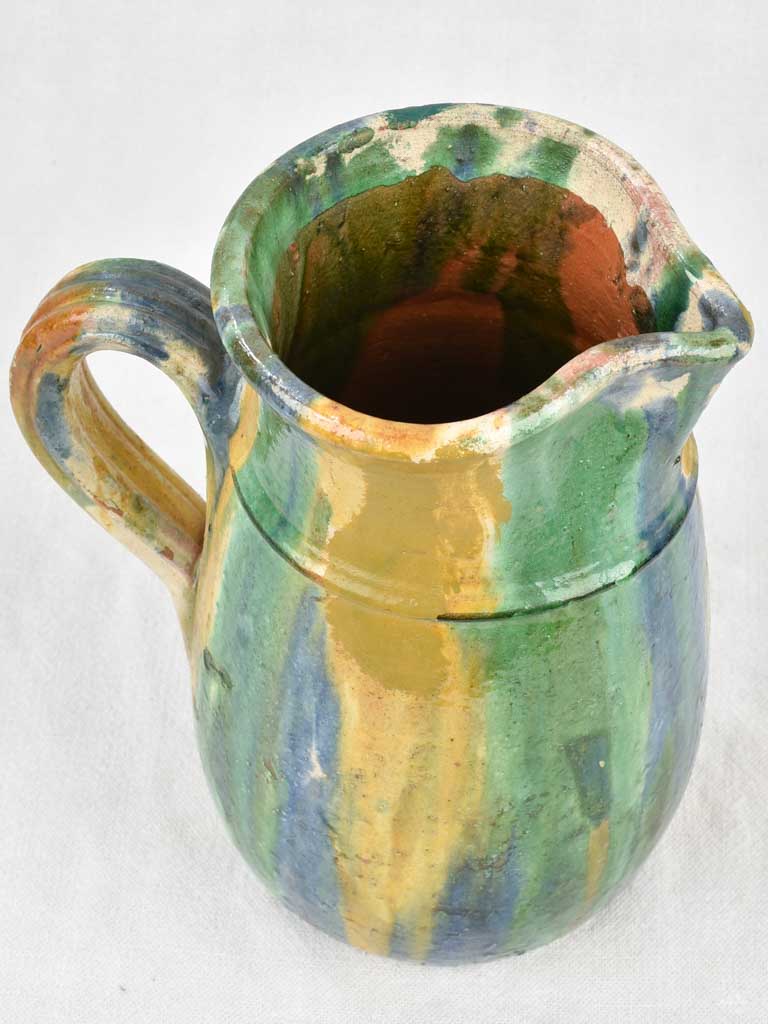 Antique ceramic pitcher from Puglia Italy - blue orange green glaze 10¼"