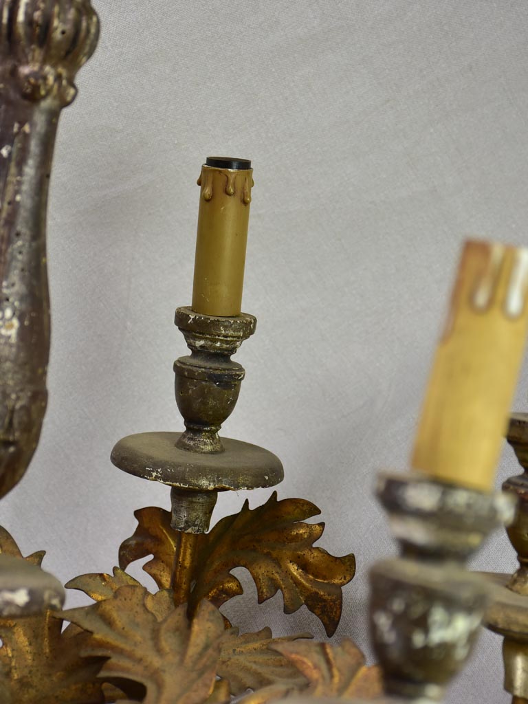 Antique French tole chandelier with leaf decorations
