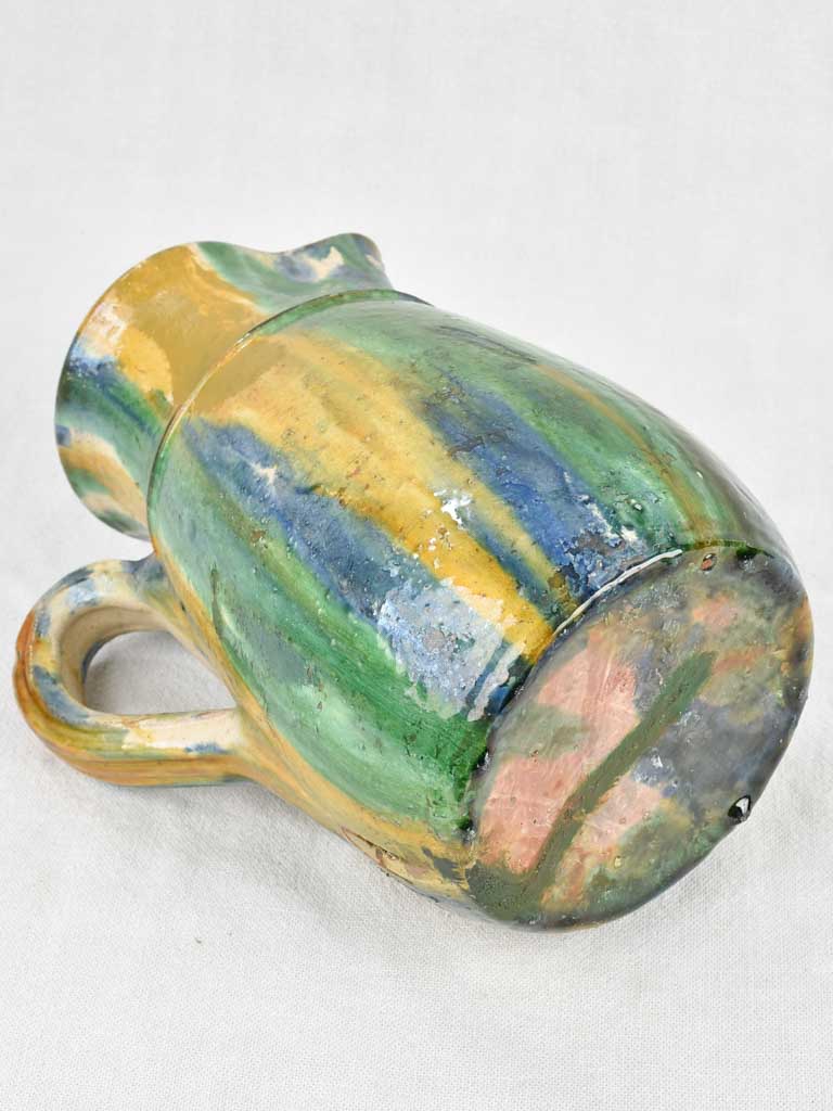 Antique ceramic pitcher from Puglia Italy - blue orange green glaze 10¼"