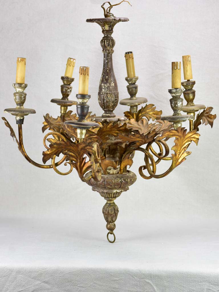 Antique French tole chandelier with leaf decorations