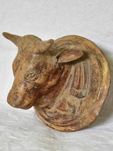 Antique French bulls head from a butcher's block - carved wood