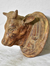 Antique French bulls head from a butcher's block - carved wood