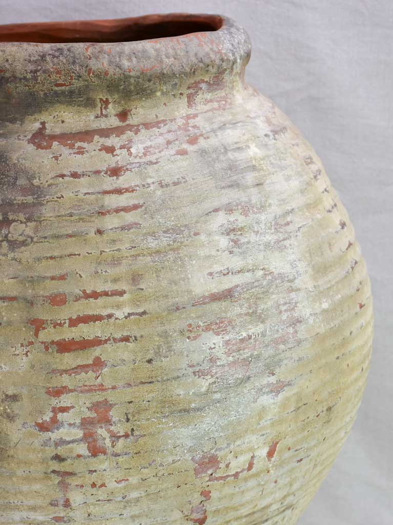 Antique clay pot with ribbed sides and drainage hole 26½"