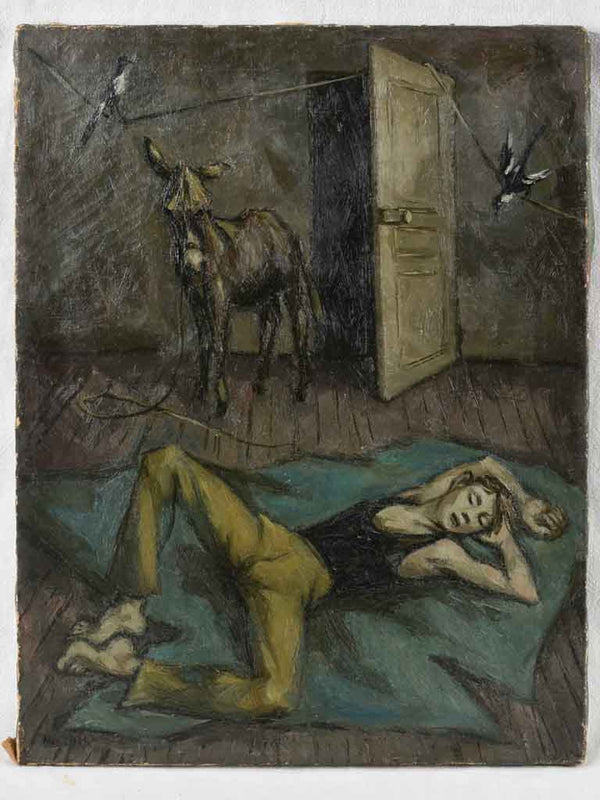 Painting of sleeping man in room w/ donkey & birds - 'Le Reve' - Pierre Monrteret