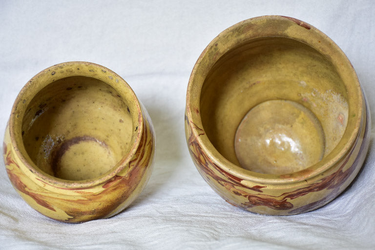 Two clay marbleized honey / preserving pots from Apt 7"