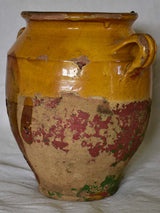 Antique French confit pot with orange glaze and traces of red and green 10¼"