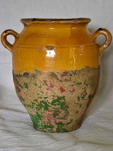 Antique French confit pot with orange glaze and traces of red and green 10¼"