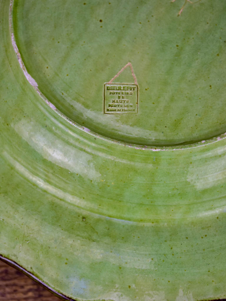 Vintage French round platter from Dieulefit - green glaze
