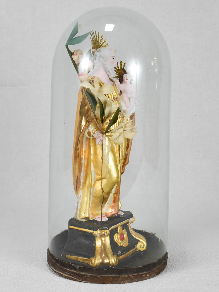 19th-century Santibelli sculpture of Saint Joseph in original glass dome 14½"