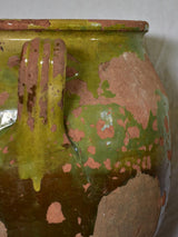 Very large antique French confit pot with fatigued green glaze 13"