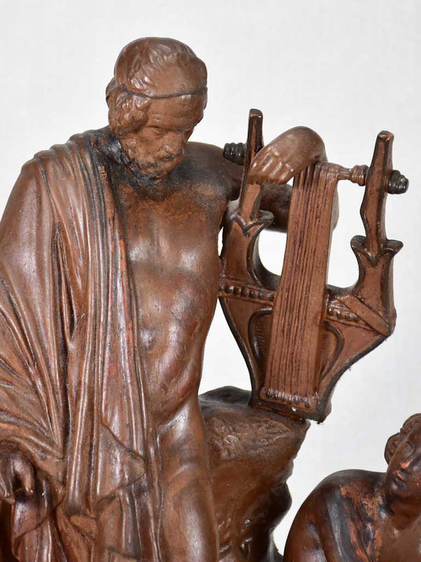 Antique French sculpture - music lesson with a lyre harp 15¼"