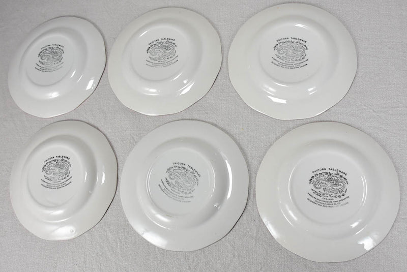 Set of six pink vintage ironstone plates - Unicorn tableware 8"