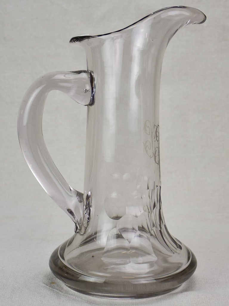 Antique French cider pitcher, blown glass with monogram