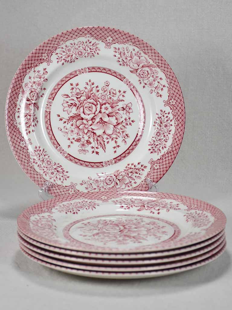 Set of 6 English ironstone dinner plates - pink bouquet Wood & Sons 10¼"