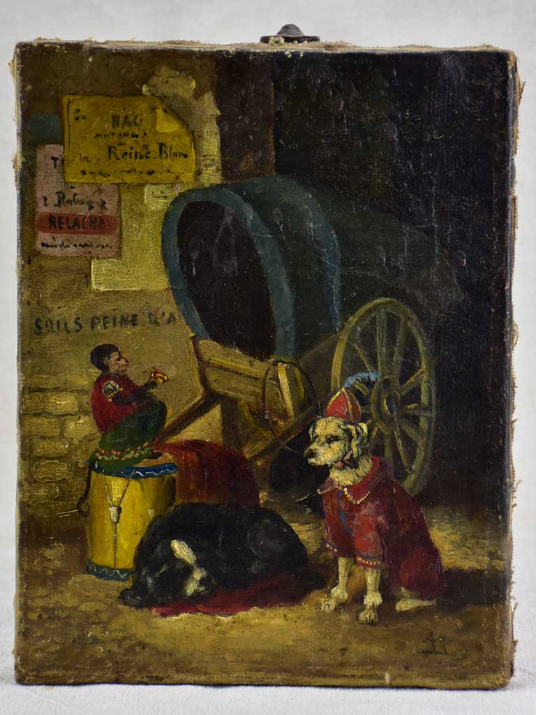 Small antique French painting of performing dogs and a wagon 10¾" x 8"