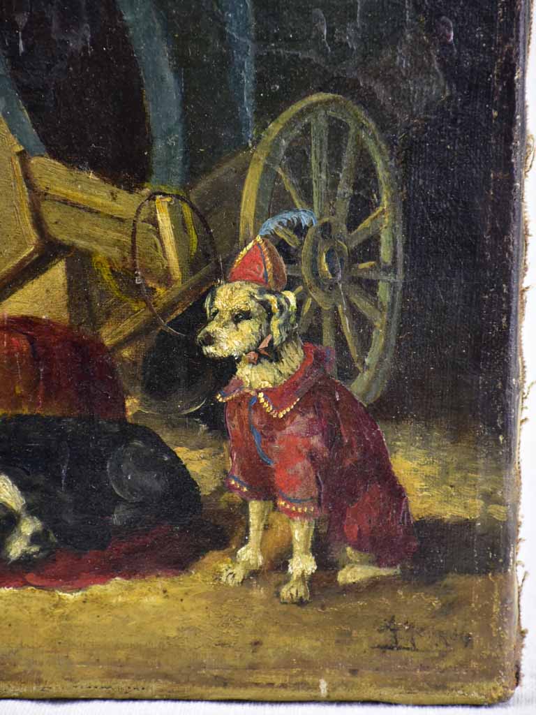 Small antique French painting of performing dogs and a wagon 10¾" x 8"