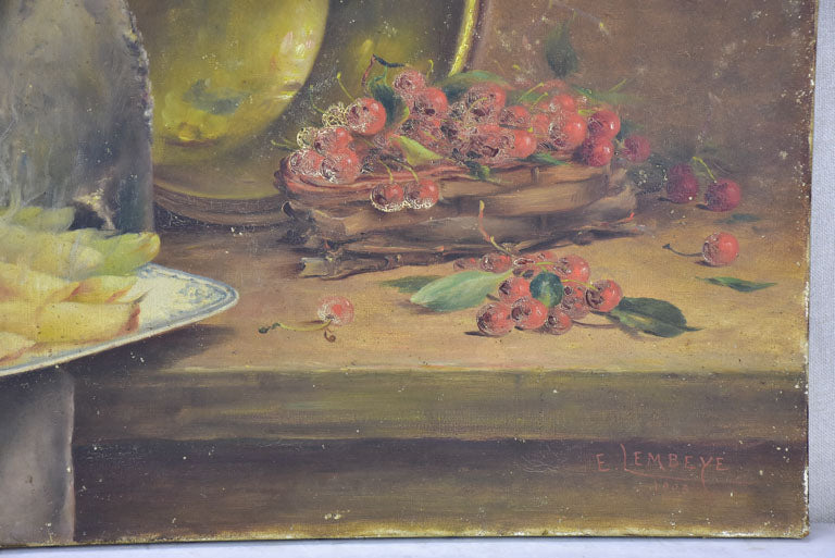 Antique French still life - asparagus, cherries and a copper pot 28¾ x 21¼""