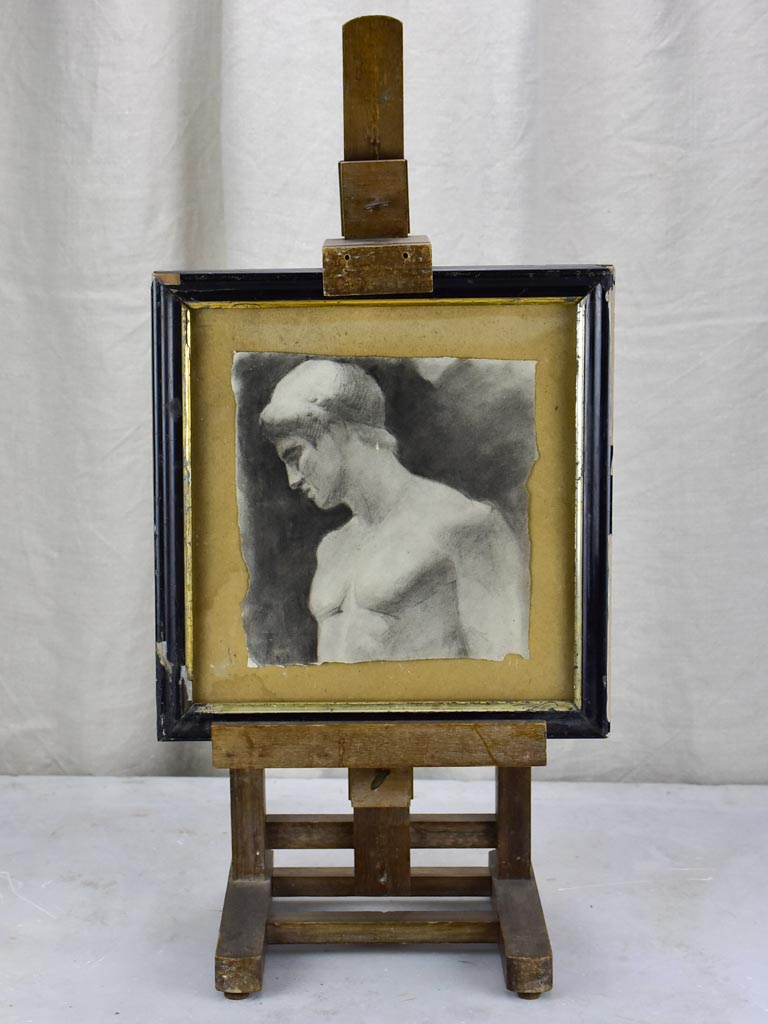 Antique French easel with monochrome portrait of a man 11½" x 12¼"