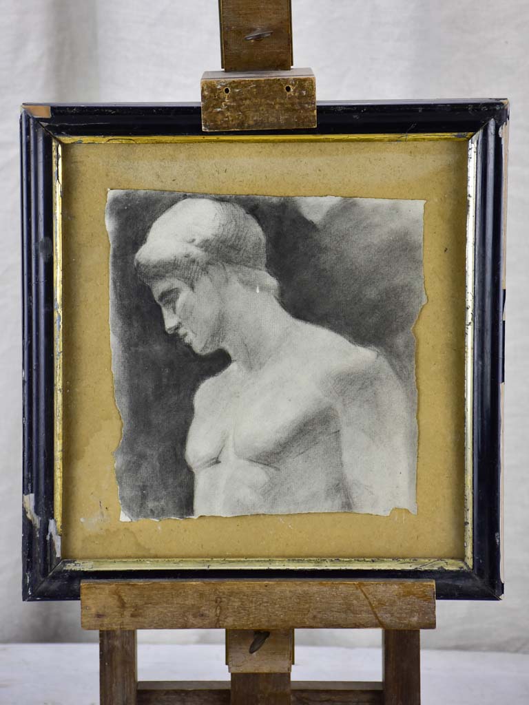 Antique French easel with monochrome portrait of a man 11½" x 12¼"