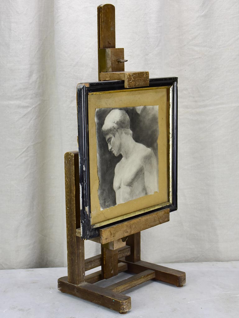 Antique French easel with monochrome portrait of a man 11½" x 12¼"