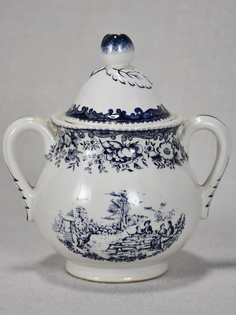 Black and white transferware sugar bowl with lid