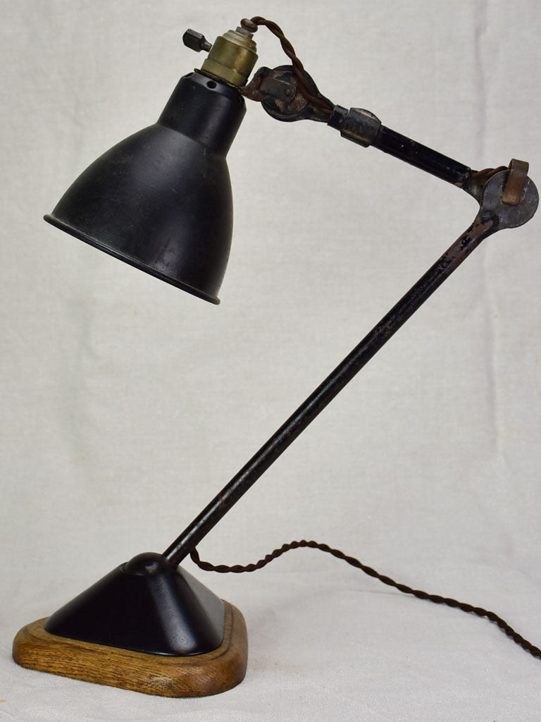 Antique French industrial elbow lamp with oak base - Gras No. 206