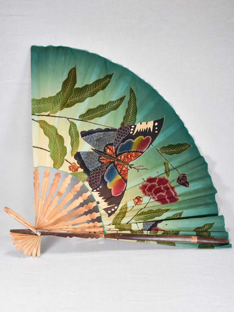 Very large decorative fabric fan from the 1940s with butterflies and flowers 58¼" x 33"