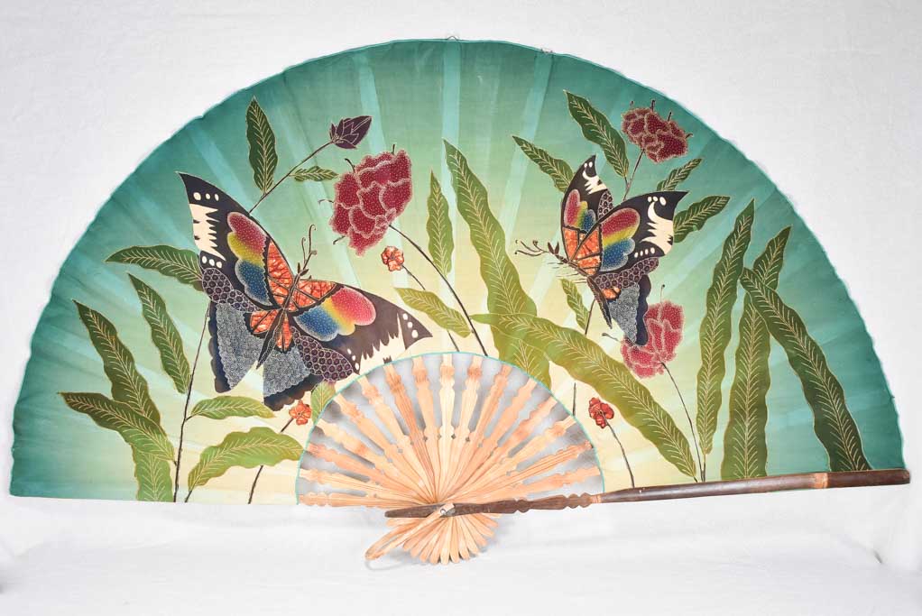 Very large decorative fabric fan from the 1940s with butterflies and flowers 58¼" x 33"