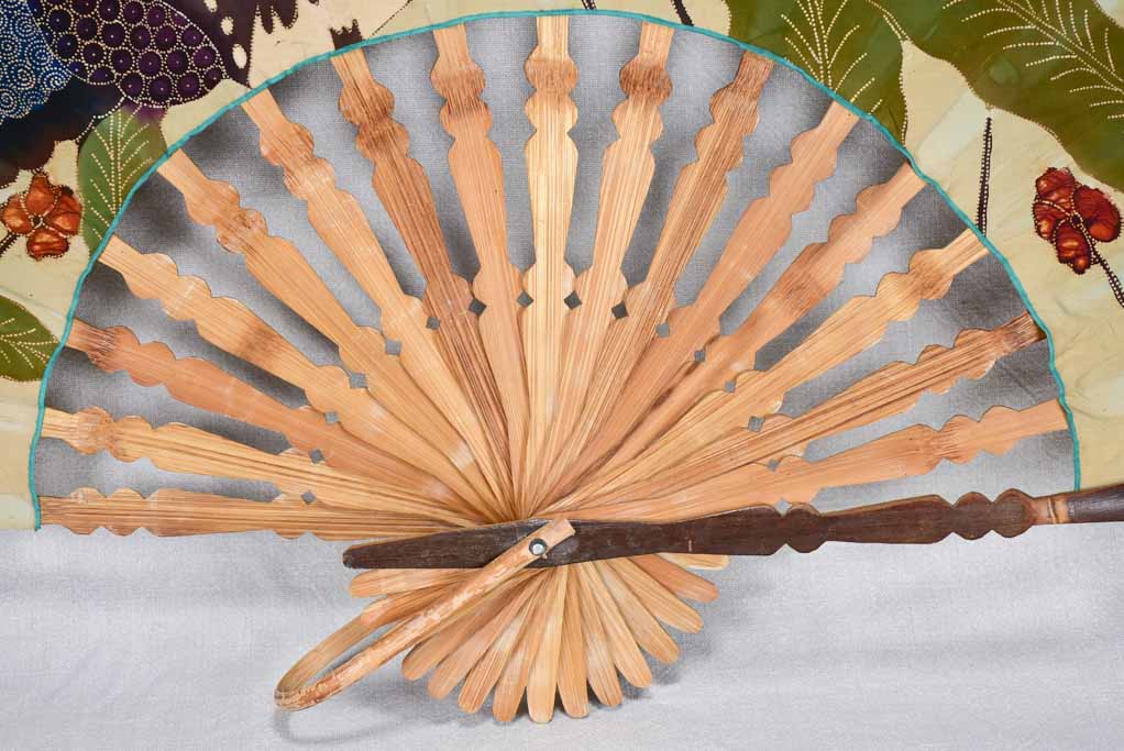 Very large decorative fabric fan from the 1940s with butterflies and flowers 58¼" x 33"