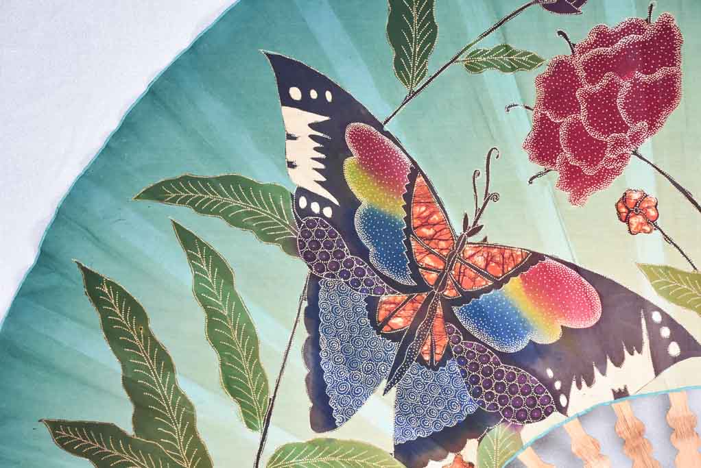 Very large decorative fabric fan from the 1940s with butterflies and flowers 58¼" x 33"