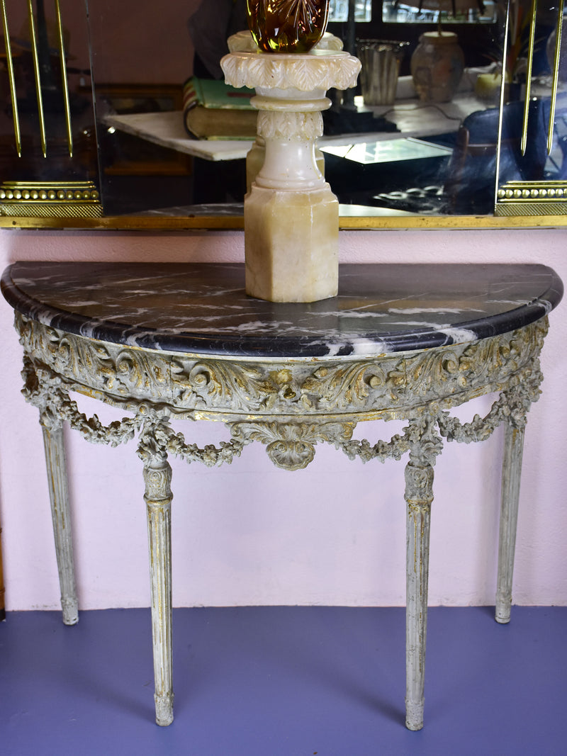 Louis XVI demilune console with black marble top