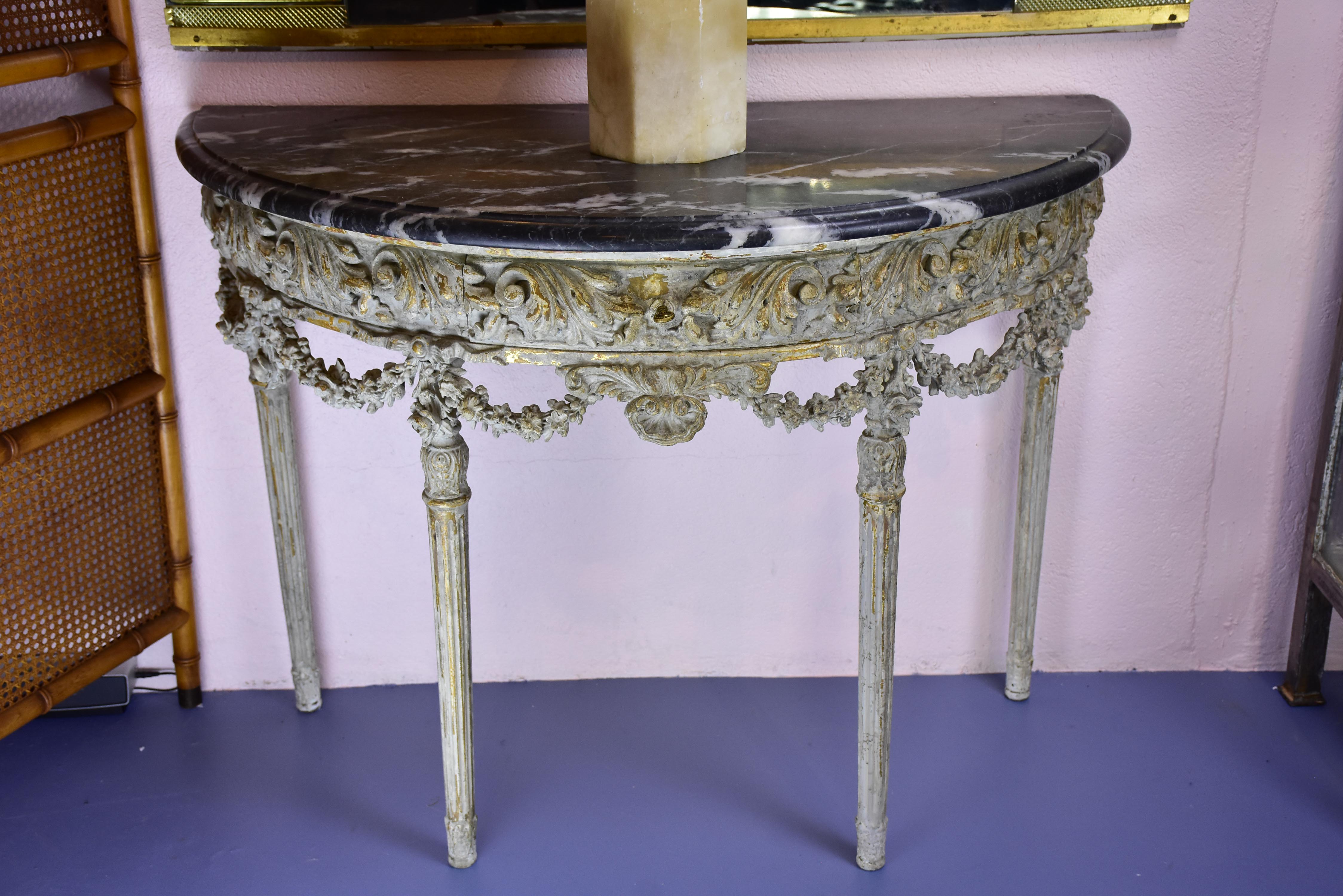 Louis XVI demilune console with black marble top