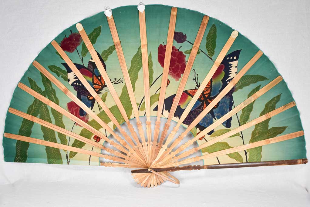 Very large decorative fabric fan from the 1940s with butterflies and flowers 58¼" x 33"